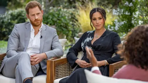 Joe Pugliese/Harpo Productions/CBS The Duke and Duchess of Sussex being interviewed by Oprah Winfrey