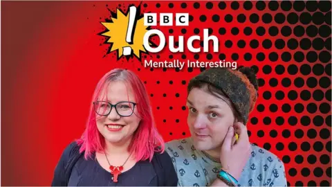 Seaneen and Mark on a BBC Ouch branded background