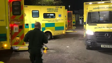 Ambulances queuing outside hospital