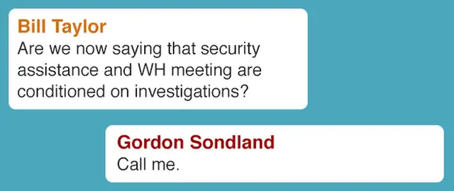 Bill Taylor Are we now saying that security assistance and WH meeting are conditioned on investigations? Gordon Sondland Call me