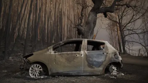 Getty Images A burned car stands next to a forest after a wildfire took dozens of lives on June 18, 2017 near Castanheira de Pera, in Leiria district, Portugal, 18 June 2017.