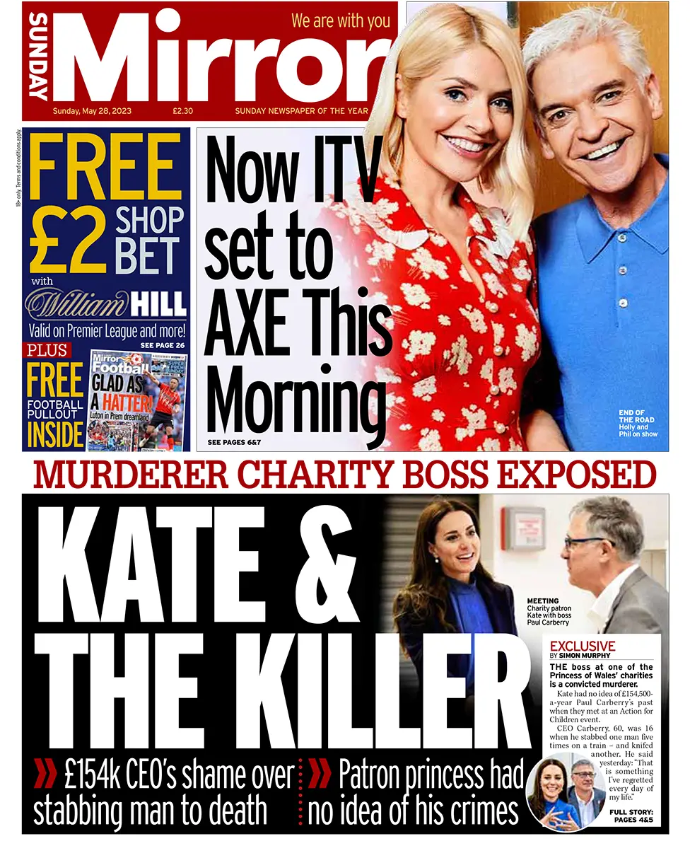 The headline on the front page of the Sunday Mirror reads 'Kate & the Killer'