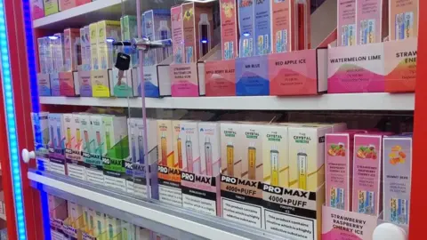 West Northamptonshire Trading Standards Shop shelves with coloured vape packets