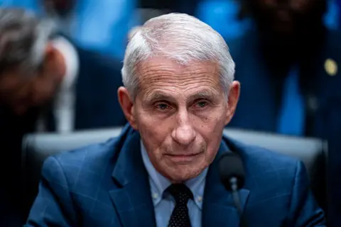 Dr Fauci is seen testifying before Senate lawmakers. 