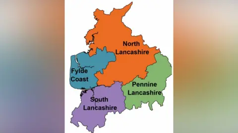 LDRS Map of Lancashire divided into the four new councils - Fylde Coast in the east - in blue - with South Lancashire in purple and west of this Pennine Lancashire in green, with North Lancashire the largest section in orange