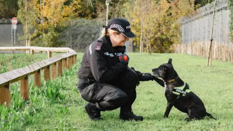 Ellie Smeaton Claire Todd kneeling down with a red ball in her handholding on to Stella's paw