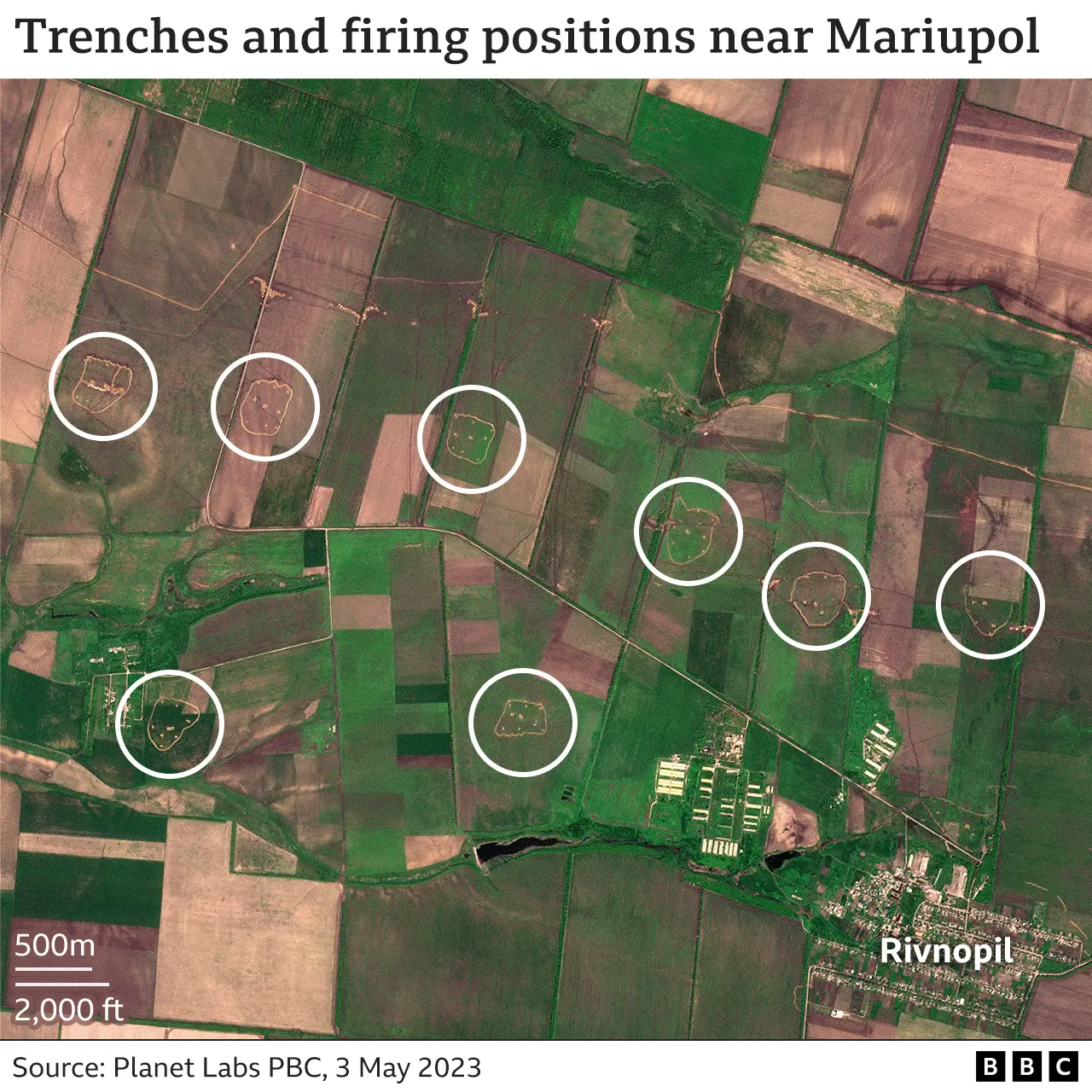 Satellite image of land outside Rivnopil, with earthworks for 8 artillery positions highlighted