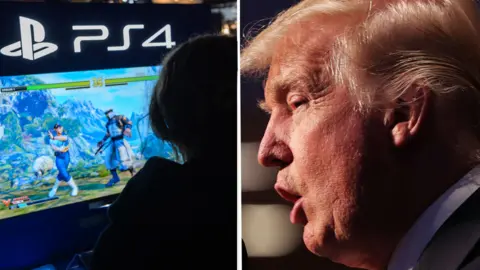 Getty Images On the left of the image a woman is playing a fighting video game. On the right of the image, Donald Trump looks cross.