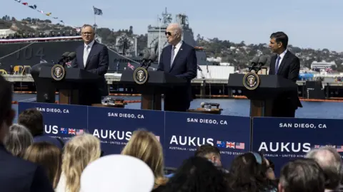 ETIENNE LAURENT/EPA-EFE/REX/Shutterstock Prime Minister Rishi Sunak during a meeting with US President Joe Biden and Prime Minister of Australia Anthony Albanese at Point Loma naval base in San Diego, US