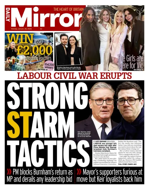 The headline on the front page of the Daily Mirror reads: "Strong Starm tactics."