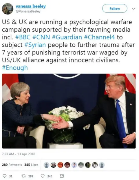 Twitter/@VanessaBeeley Tweet by Vanessa Beeley: "US & UK are running a psychological warfare campaign supported by their fawning media incl. #BBC #CNN #Guardian #Channel4 to subject #Syrian people to further trauma after 7 years of punishing terrorist war waged by US/UK alliance against innocent civilians. #Enough"