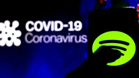 Getty Images Spotify app against a background showing the words Covid-19 and Coronavirus