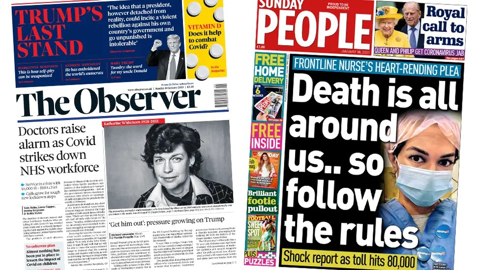 The Observer and the Sunday People front pages 10 January 2021