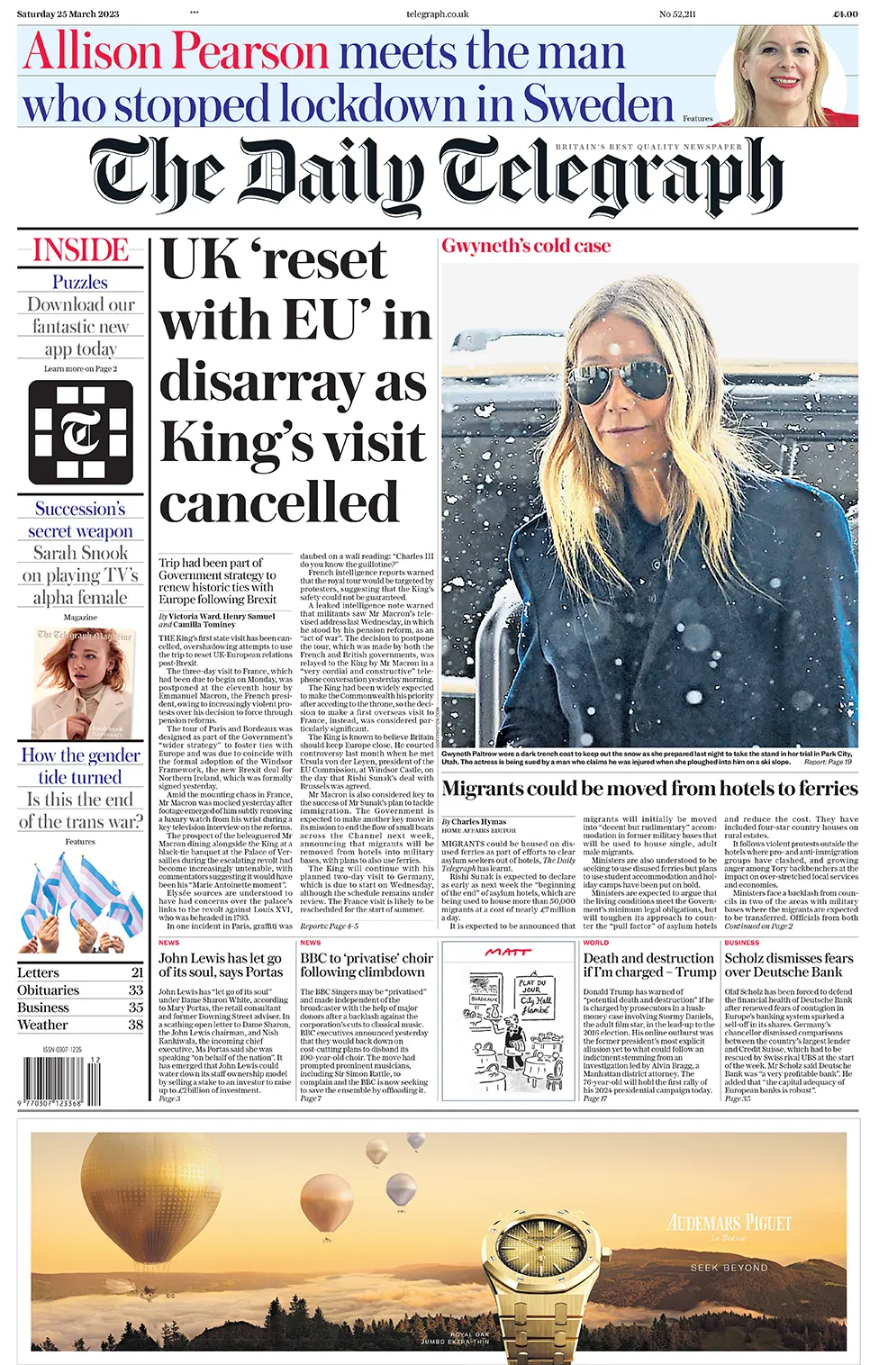 Front page of the Daily Telegraph, 25/03/2023