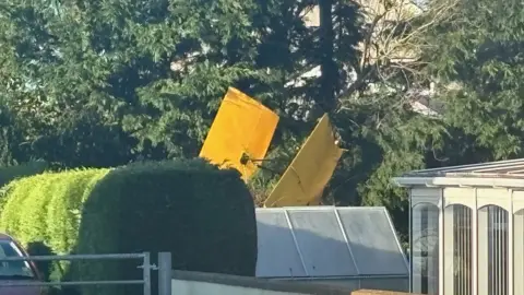 Wings of plane sticking out from garden