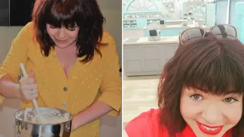 Briony Williams Briony with a mixing bowl and taking a selfie in the famous GBBO tent