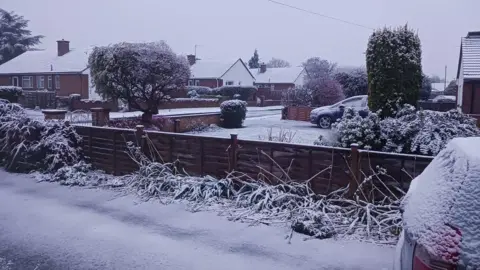 Phil Gray A street outside a row of houses. There is a wooden fence and lots of bushes and trees covered in snow. 