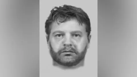 Hertfordshire Police A black and white police drawing of a man with short brown hair and a short dark beard.