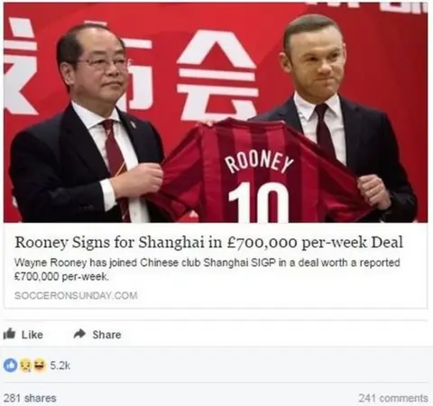 Socceronsunday.com/Facebook Fake Headline: Rooney signs for Shanghai. This spoof news story was widely circulated on Facebook