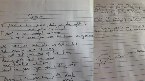 Ed Sheeran: Made In Suffolk Legacy Auction Handwritten lyrics to Ed Sheeran song Perfect.