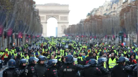 Getty Images Protesters wearing yellow vests walk on the Champs-Elysees Avenue with the Arc de Triomphe in the background