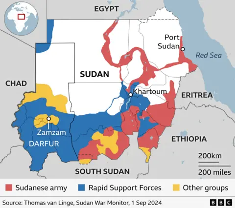 Peta Sudan yang menunjukkan wilayah yang dikuasai oleh tentara Sudan dan wilayah yang dikuasai oleh pasukan pendukung cepat milik musuh bebuyutannya