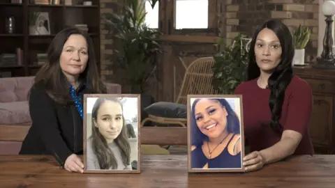 Natasha Allergy Research Foundation Tanya Ednan-Laperouse (left) and Emma Turay holding up pics of their daughters, Natasha and Shante respectively.