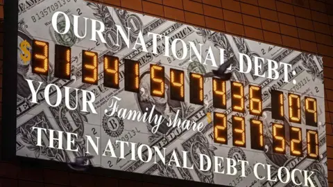 Getty Images A screen in New York city displays the US national debt in real time