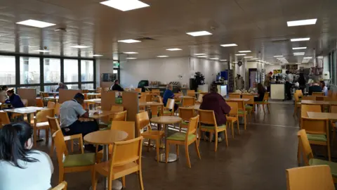 Luca Felice A restaurant with wooden chairs and tables, with a number of people sitting at it. The chairs have green seats. There are large glass windows to the left and a counter at the far end. The floor is brown. 