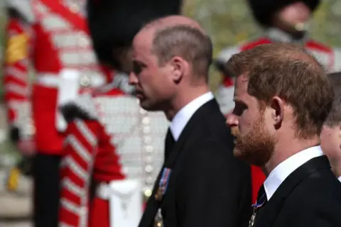 AFP Prince William, Duke of Cambridge, (L) and Britain's Prince Harry, Duke of Sussex follow the coffin during the ceremonial funeral procession of Prince Philip, Duke of Edinburgh to St George's Chapel in Windsor Castle in Windsor, on April 17, 2021.