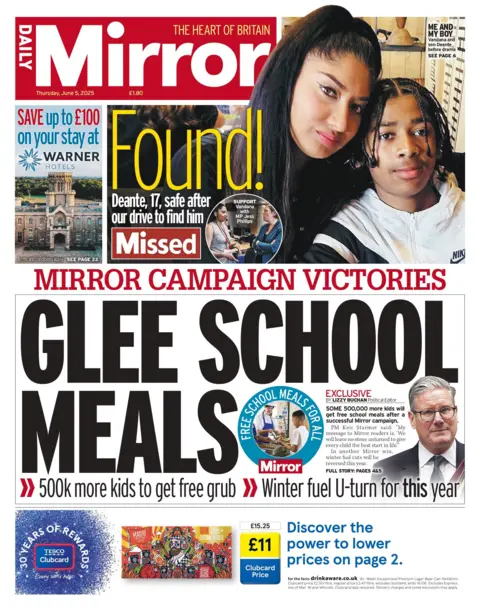 "Glee school meals" reads the headline on the front page of the Daily Mirror.