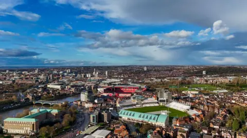 Robbie Jay Barratt - AMA/Getty Images A general aerial view of Nottinghamshire, showing the City Ground in Rushcliffe, County Hall and the Trent Bridge Cricket Ground. Trent Bridge can also be seen with Nottingham in the background