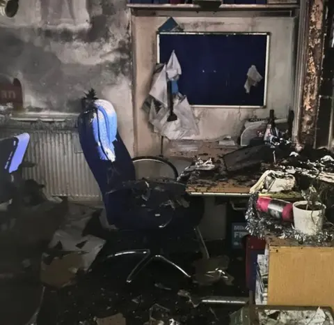 An office damaged by fire