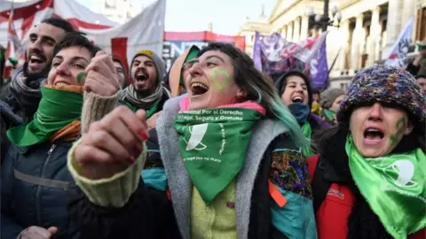 AFP Pro-choice activists wait outside the Argentine Congress in Buenos Aires before the approval of a bill to legalise abortion.