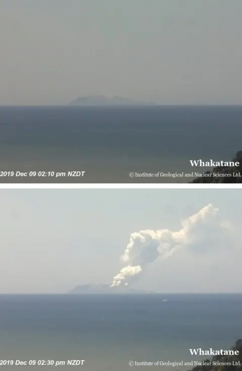 Reuters / GNS Science Combination photo shows Whakaari, also known as White Island, volcano shortly before and after eruption