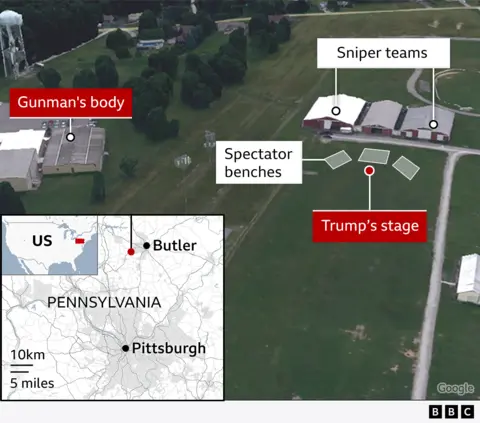 An aerial view of the Butler venue showing the location of the sniper teams, Trump's stage and where the gunman's body was