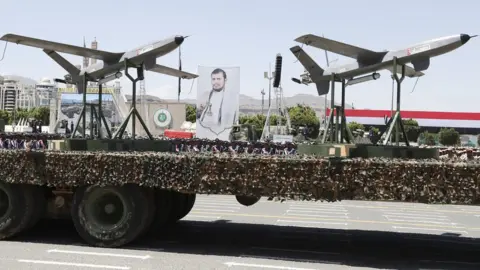 EPA Drones on display during a military parade commemorating the 9th anniversary of seizure of northern Yemen, in Sana'a, Yemen, 21 September 2023