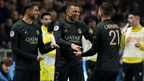 Lucas Hernandez, Kylian Mbappe and Achraf Hakimi during PSG's match against Nantes