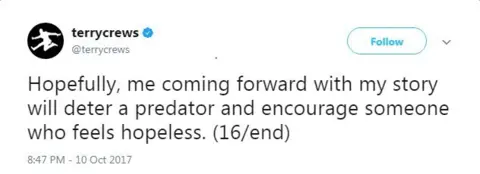 Twitter "Hopefully, me coming forward with my story will deter a predator and encourage someone who feels hopeless. (16/end)"