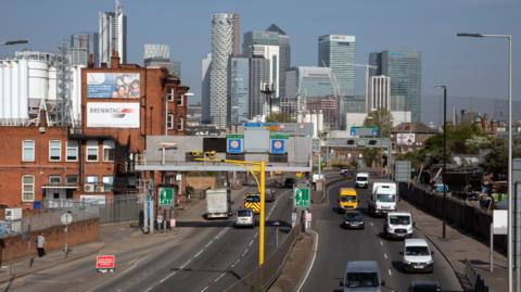 Cars on approach to southbound entrance of Blackwall Tunnel