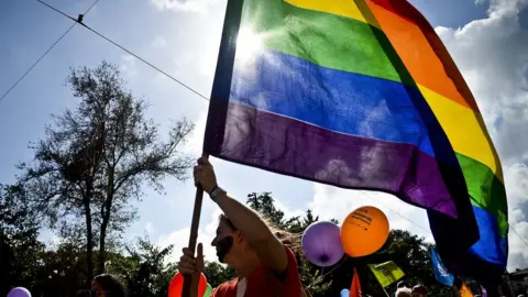Getty Images A woman holds a rainbow flag during the Gay Pride Parade in Lisbon on 21 June, 2014