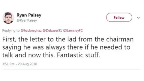 @RyanPaisey A tweet praising Barnsley FC