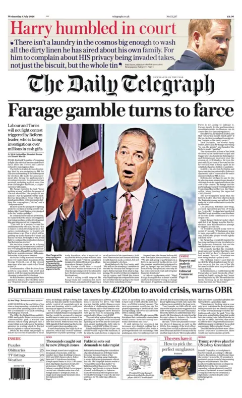 The headline on the front page of the Daily Telegraph reads: 'Farage gamble turns to farce.'