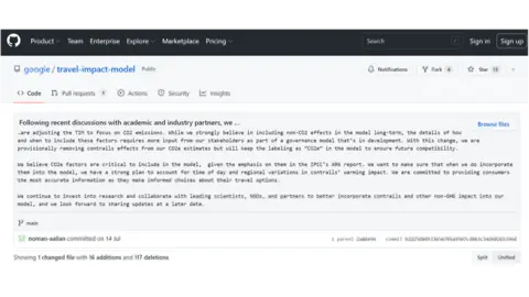 BBC/GitHub Screenshot of change to Google's carbon calculator on GitHub