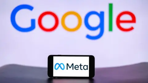 Getty Images In this photo illustration, the Meta logo is seen displayed on a mobile phone screen with Google logo in the background.