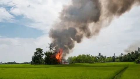 A small village in the distance, over a verdant green field, burns fiercely under a column of thick black smoke