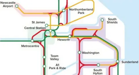 Transport North East Map showing route