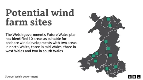 Map showing the 10 areas in Wales identified as suitable for onshore wind developments - two in north Wales, three in mid Wales, three in west Wales and two in south Wales