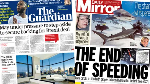 Composite image featuring Guardian and Mirror front pages