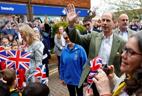 Reuters Britain's Prince Edward, Duke of Edinburgh and Sophie, Duchess of Edinburgh arrive to attend a Big Lunch with residents and representatives from the Royal British Legion, the Scouts and the Guides, in Cranleigh Village Hall, Cranleigh village, Britain May 7, 2023